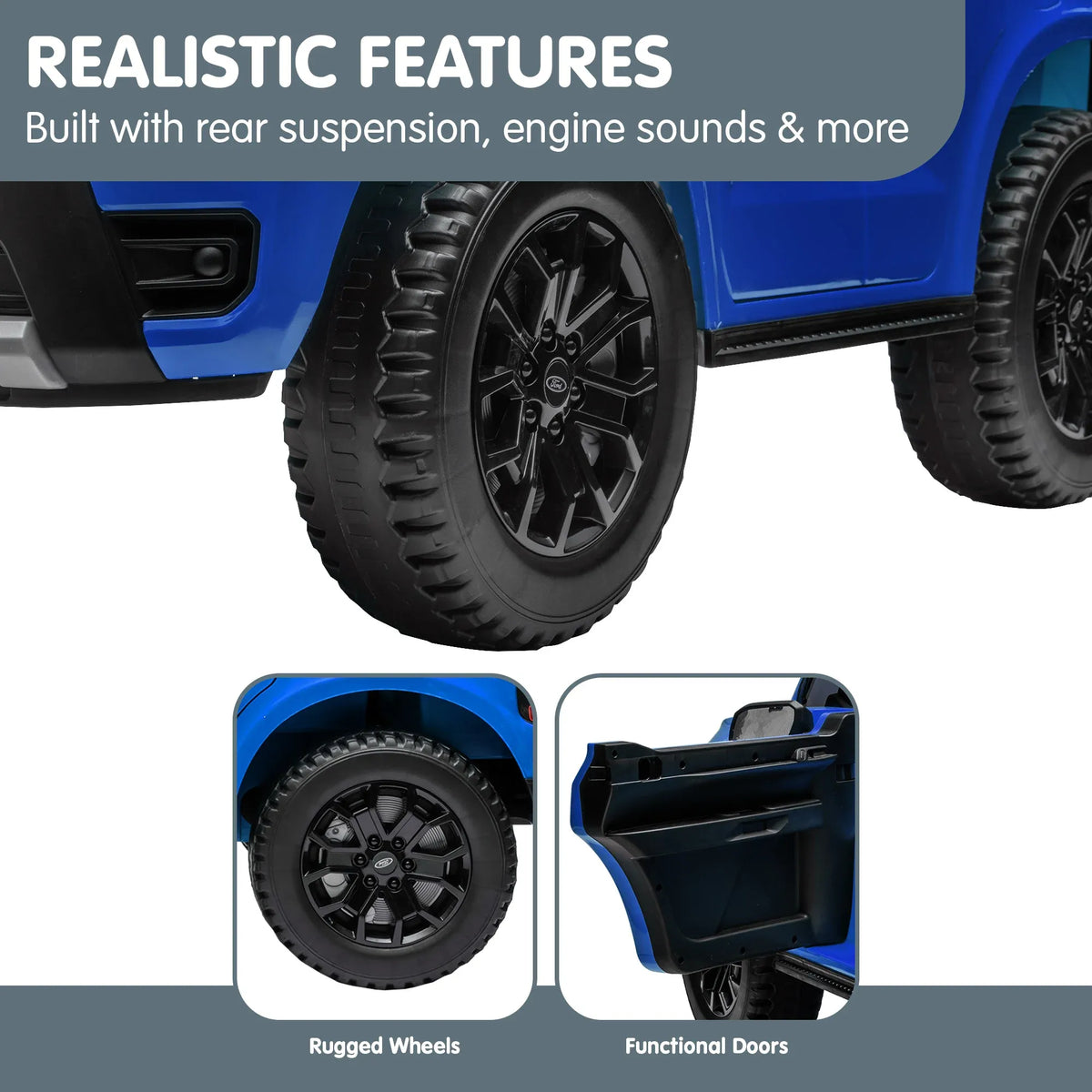 Blue Kahuna Ford Ranger electric ride-on car for kids, featuring realistic design and durable plastic construction.