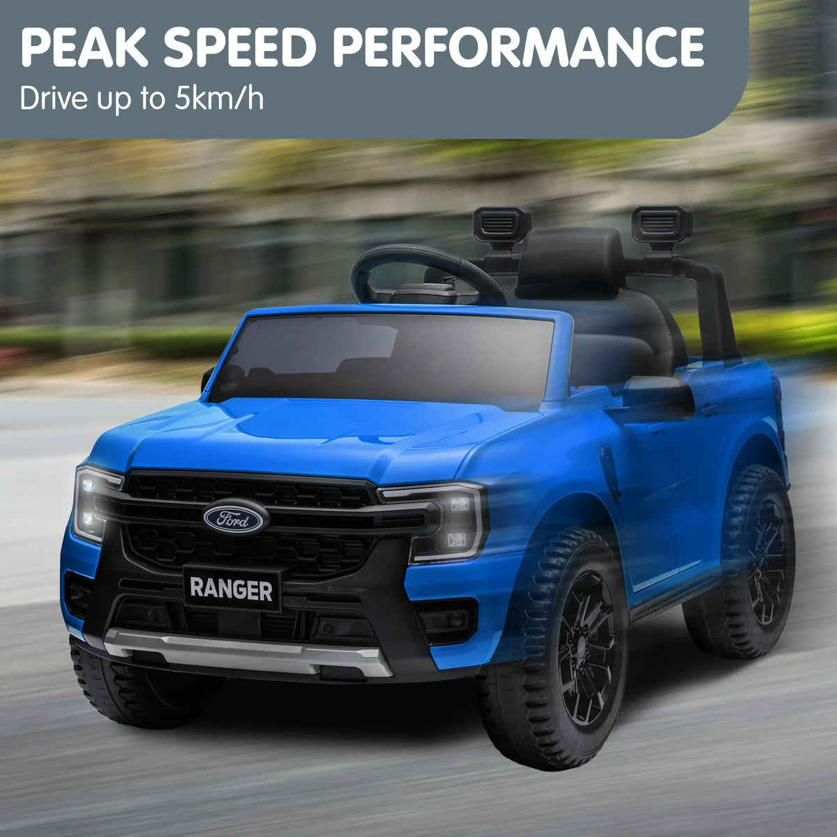 Blue Kahuna Ford Ranger electric ride-on car for kids featuring realistic design and sturdy build from Everything Baby.
