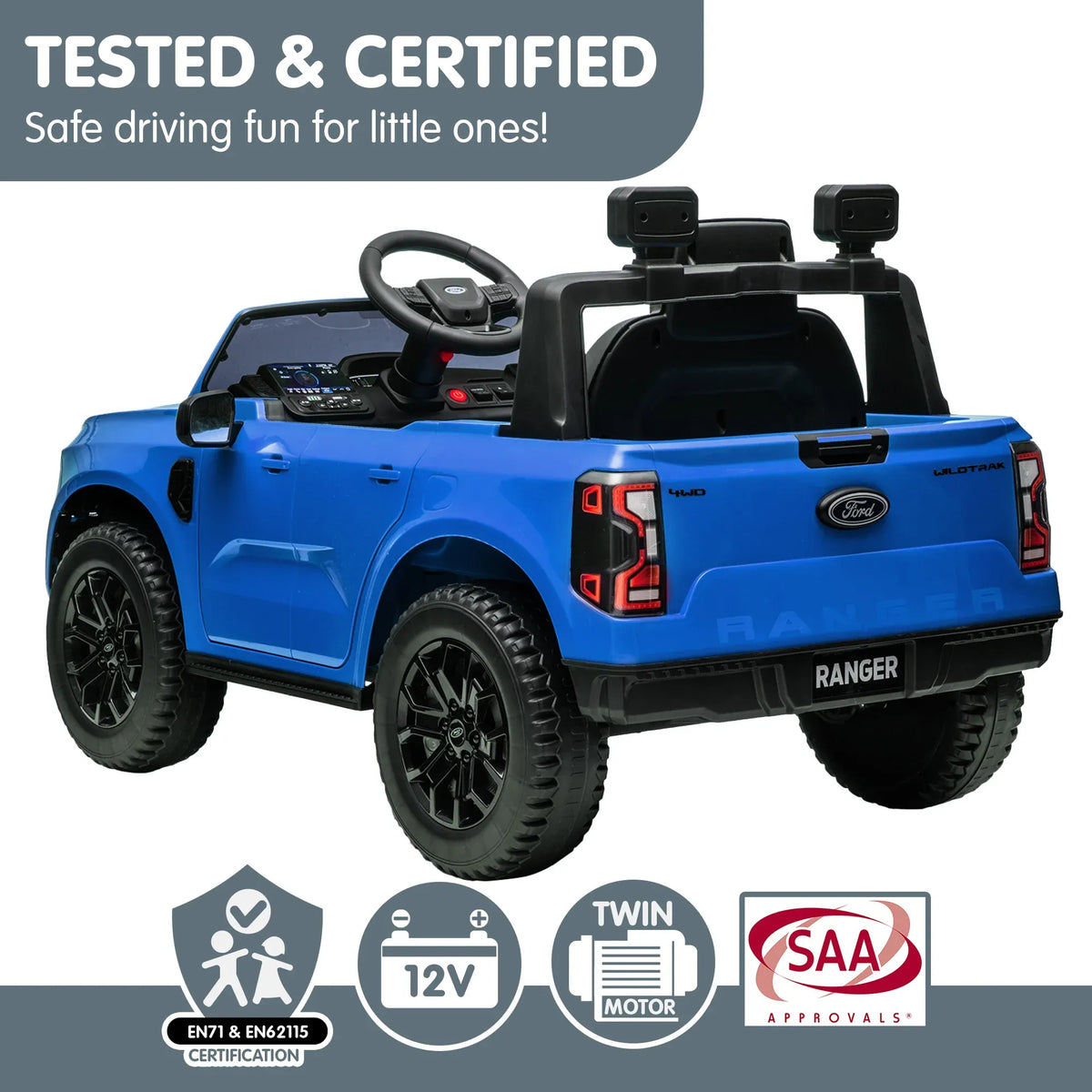 Blue Kahuna Ford Ranger electric ride-on car for kids, featuring realistic design and durable plastic build by Everything Baby.