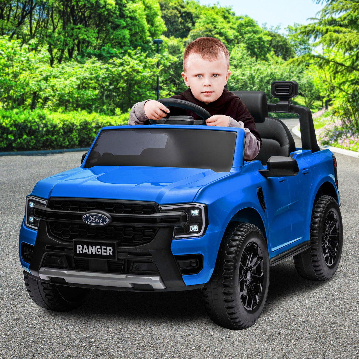 Blue Kahuna Ford Ranger electric ride-on car for kids with realistic Ford design, suitable for young children.