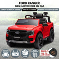 Red Kahuna Ford Ranger electric ride-on car for kids, featuring realistic design and sturdy build from Everything Baby.