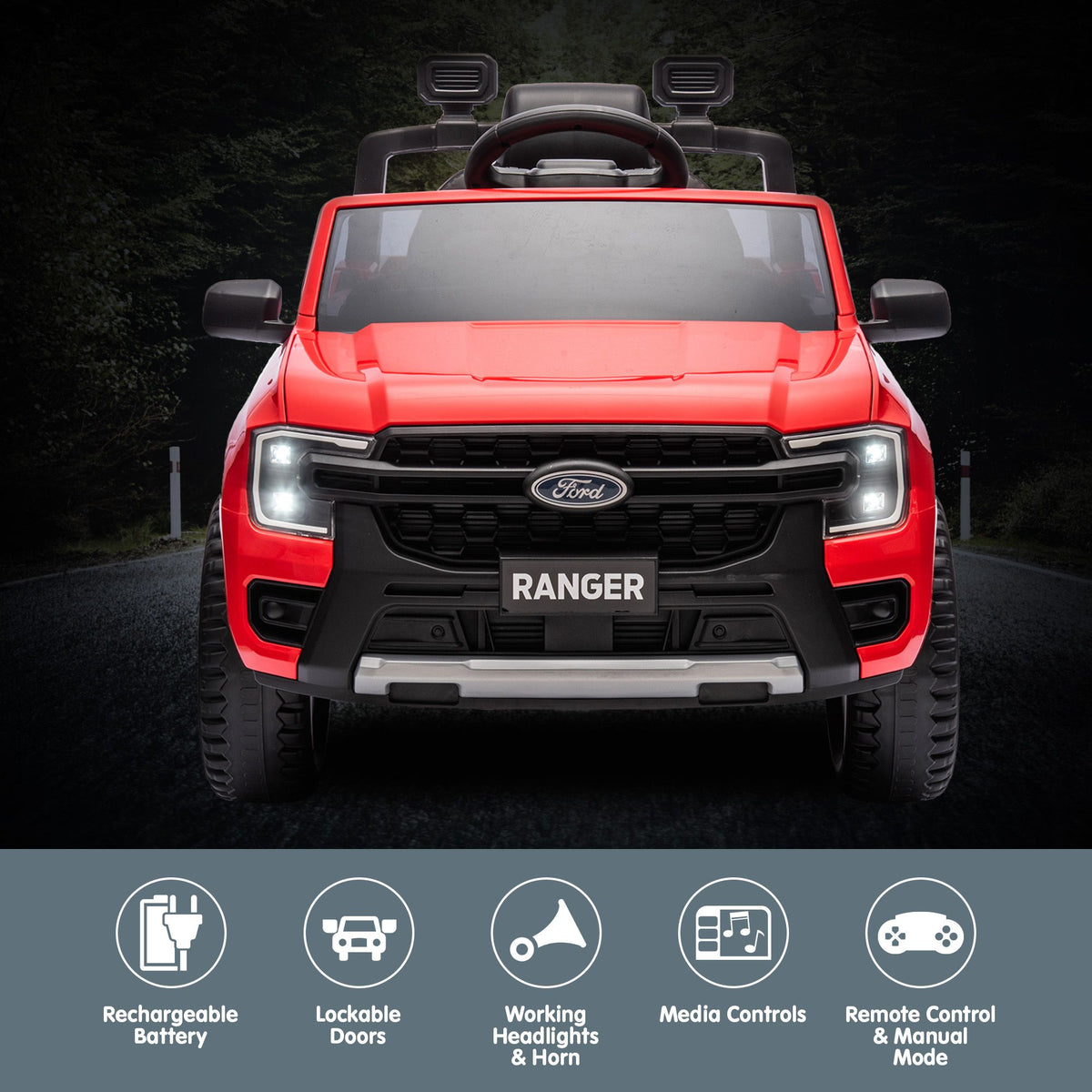 Red Kahuna Ford Ranger electric ride-on car for kids, featuring realistic design and sturdy build, perfect for young drivers.