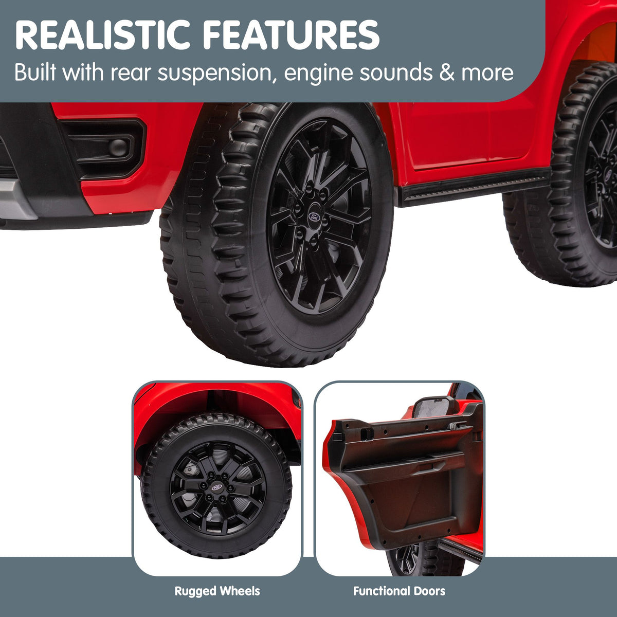Red Kahuna Ford Ranger electric ride-on car for kids, featuring realistic design and sturdy build for young children.