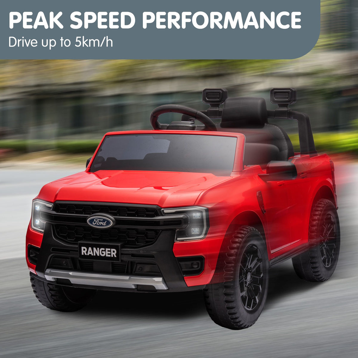Red Kahuna Ford Ranger electric kids ride-on car, featuring realistic design and branding, designed for children's outdoor play.