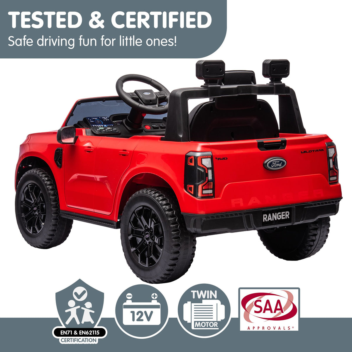 Red Kahuna Ford Ranger electric ride-on car for kids, featuring realistic design and safety features, by Everything Baby.