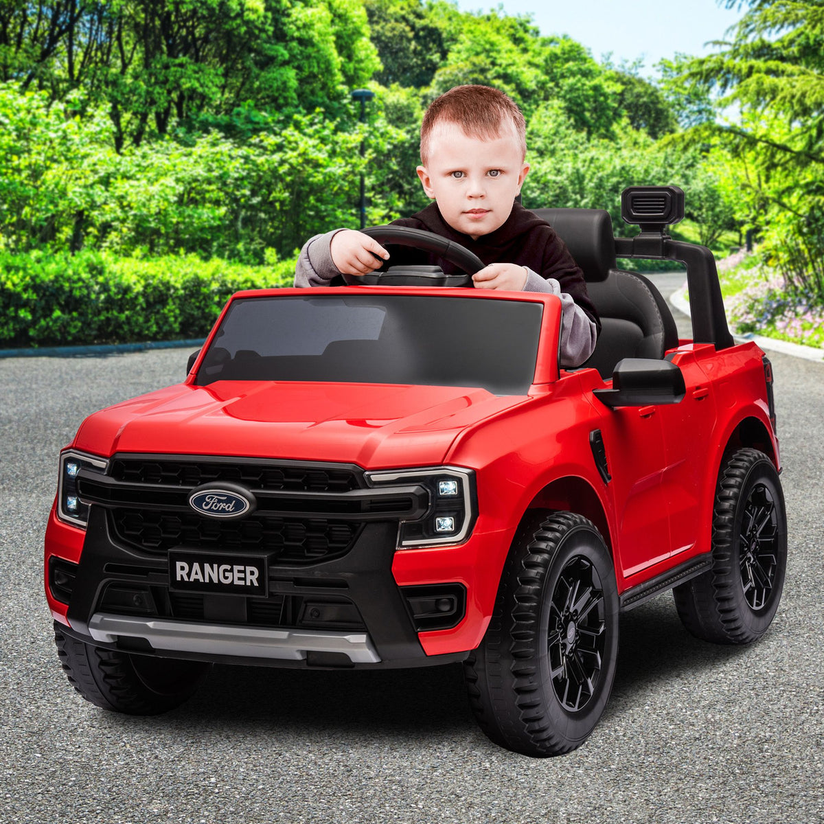 Red Kahuna Ford Ranger electric ride-on car for kids, featuring realistic design and durable construction for young drivers.