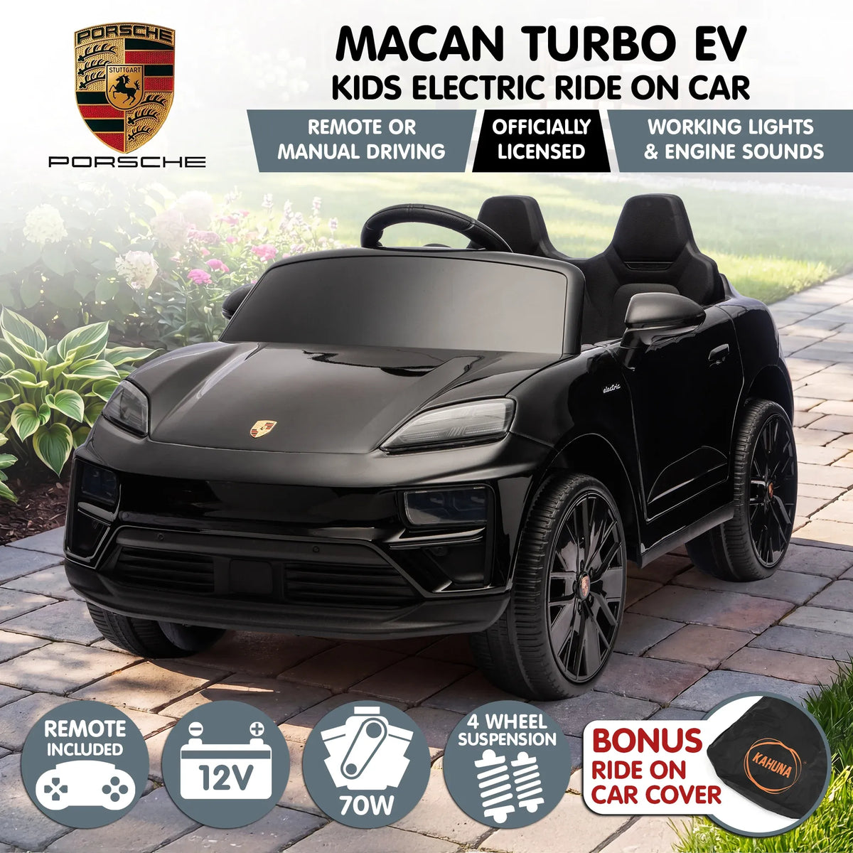 Black Porsche Macan Turbo EV kids ride-on car with 12V electric motor, featuring realistic design and brand details.