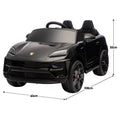 Black Porsche Macan Turbo EV kids ride-on car with 12V electric motor, featuring realistic design and brand details from Everything Baby.
