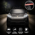 Black Porsche Macan Turbo EV kids ride-on car with 12V electric motor, featuring realistic design and durable plastic construction.
