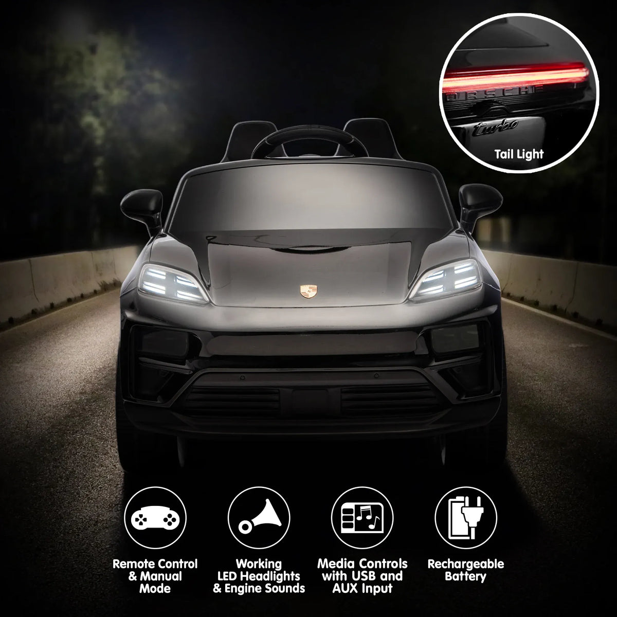 Black Porsche Macan Turbo EV kids ride-on car with 12V electric motor, featuring realistic design and durable plastic construction.