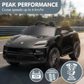 Black Porsche Macan Turbo EV kids ride-on car by Everything Baby, 12V electric toy vehicle for children, detailed exterior view.