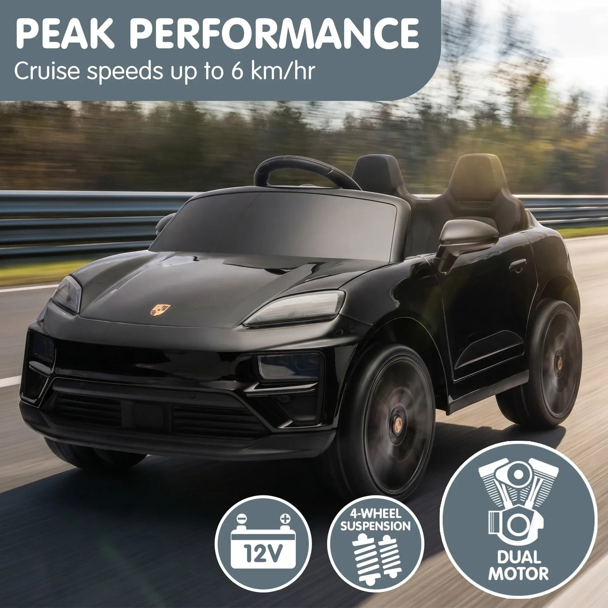 Black Porsche Macan Turbo EV kids ride-on car by Everything Baby, 12V electric toy vehicle for children, detailed exterior view.