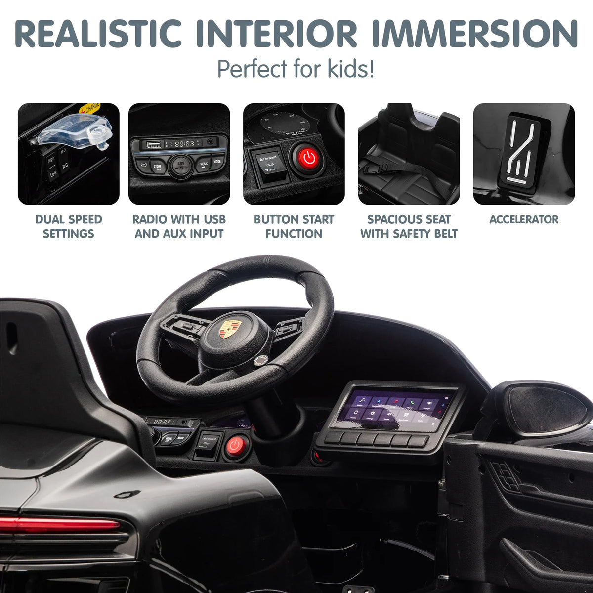 Black Porsche Macan Turbo electric ride-on car for kids, 12V battery, designed for young children, featuring realistic details and durable build.