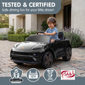 Black Porsche Macan Turbo EV kids ride-on car with 12V electric motor, realistic design, and branded details for children.