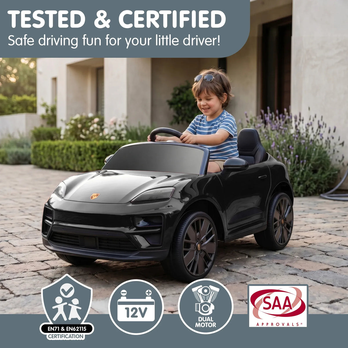 Black Porsche Macan Turbo EV kids ride-on car with 12V electric motor, realistic design, and branded details for children.