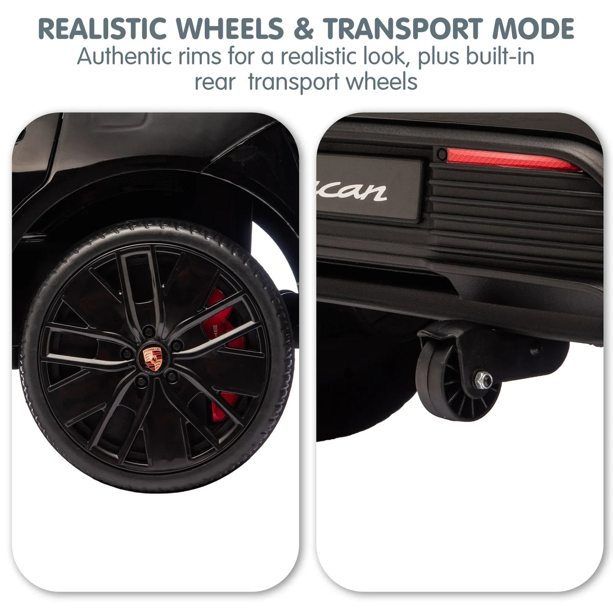 Black Porsche Macan Turbo electric ride-on car for kids, 12V battery, modeled after Porsche sports car, by Everything Baby.