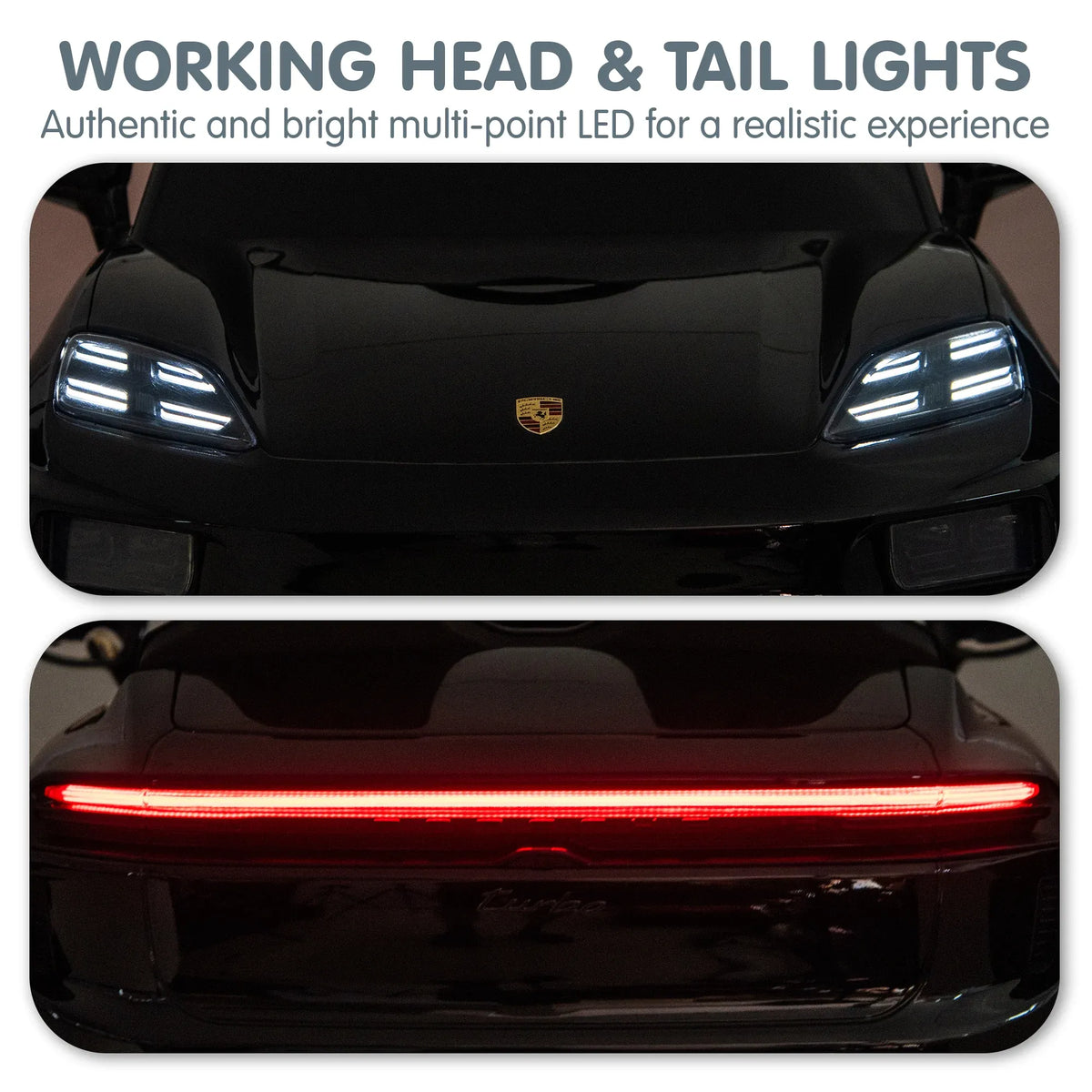Black Porsche Macan Turbo EV kids ride-on car by Everything Baby with 12V electric power, detailed dashboard, and realistic design.