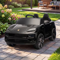 Black Porsche Macan Turbo electric ride-on car for kids by Everything Baby, featuring detailed exterior and realistic design.