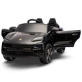 Black Porsche Macan Turbo EV kids ride-on car with 12V electric motor, branded Everything Baby, designed for young children.