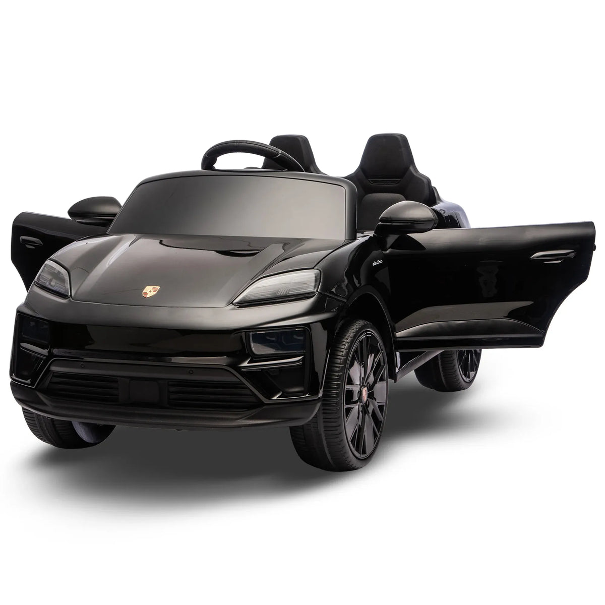 Black Porsche Macan Turbo EV kids ride-on car with 12V electric motor, branded Everything Baby, designed for young children.