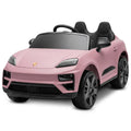 Pink Porsche Macan Turbo EV kids ride-on car with 12V electric motor, featuring realistic design and branded details for children.