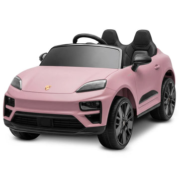 Pink Porsche Macan Turbo EV kids ride-on car with 12V electric motor, featuring realistic design and branded details for children.