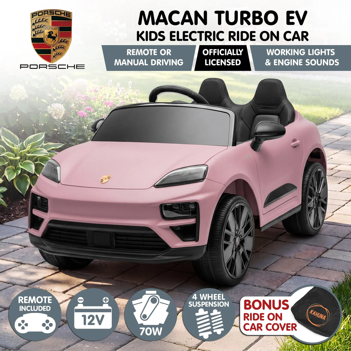 Pink Porsche Macan Turbo EV kids ride-on car with 12V electric motor, featuring realistic design and brand logo for children.