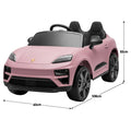 Pink Porsche Macan Turbo EV kids ride-on car with 12V electric motor, featuring realistic design and branding by Everything Baby.