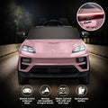 Pink Porsche Macan Turbo electric ride-on car for kids with 12V battery, featuring realistic design and sporty details.