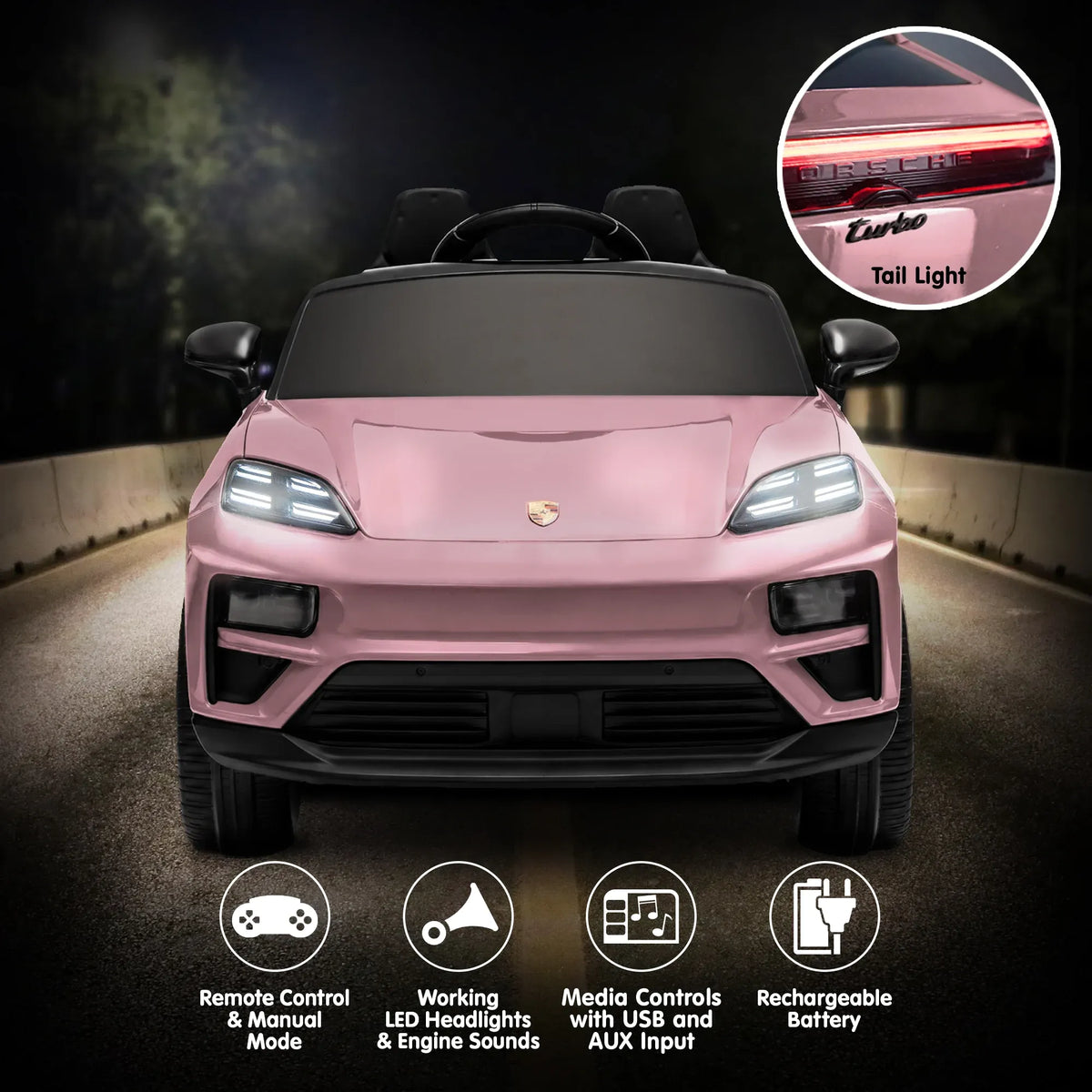 Pink Porsche Macan Turbo electric ride-on car for kids with 12V battery, featuring realistic design and sporty details.