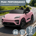 Pink Porsche Macan Turbo EV kids ride-on car with 12V electric motor, featuring realistic design and branding from Everything Baby.
