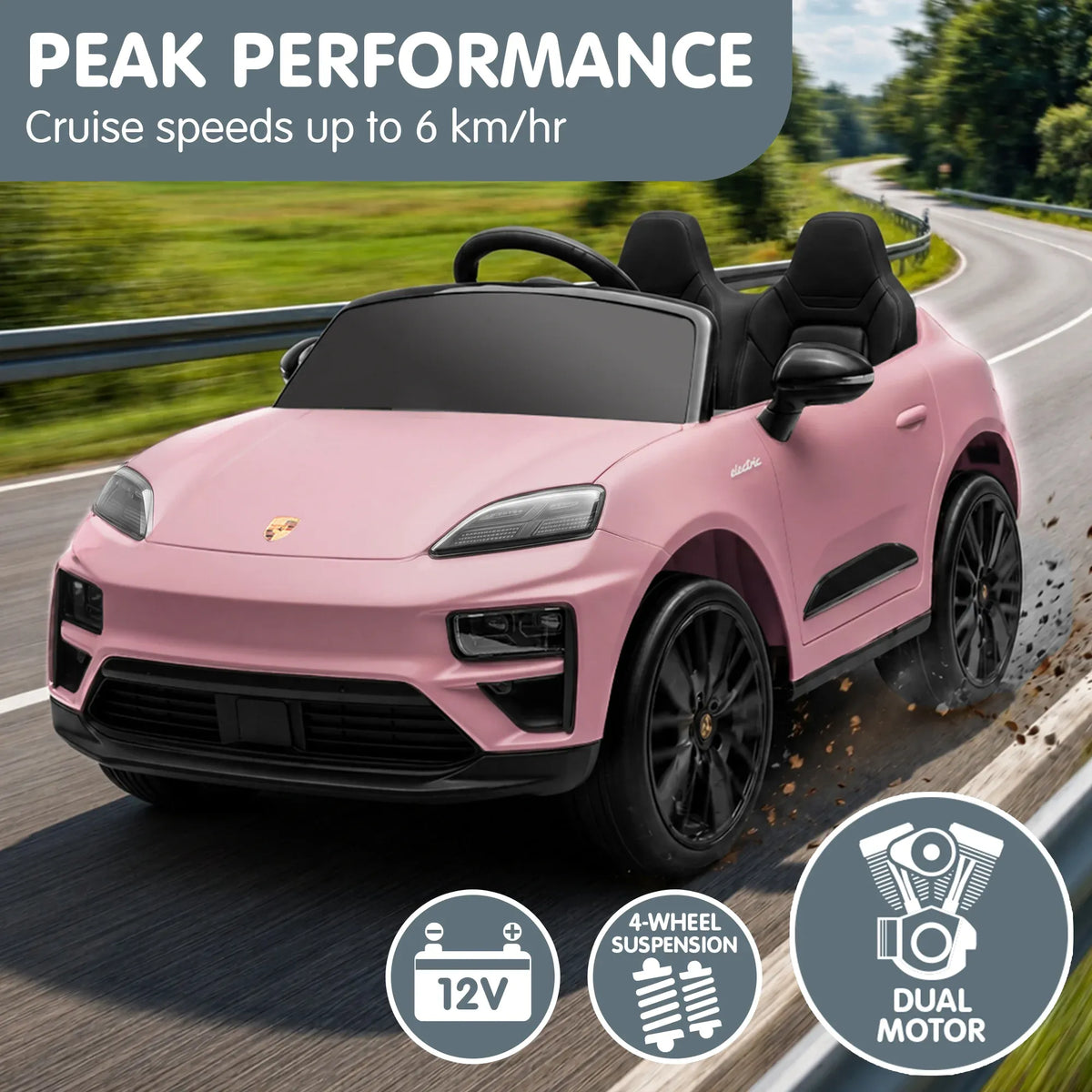 Pink Porsche Macan Turbo EV kids ride-on car with 12V electric motor, featuring realistic design and branding from Everything Baby.