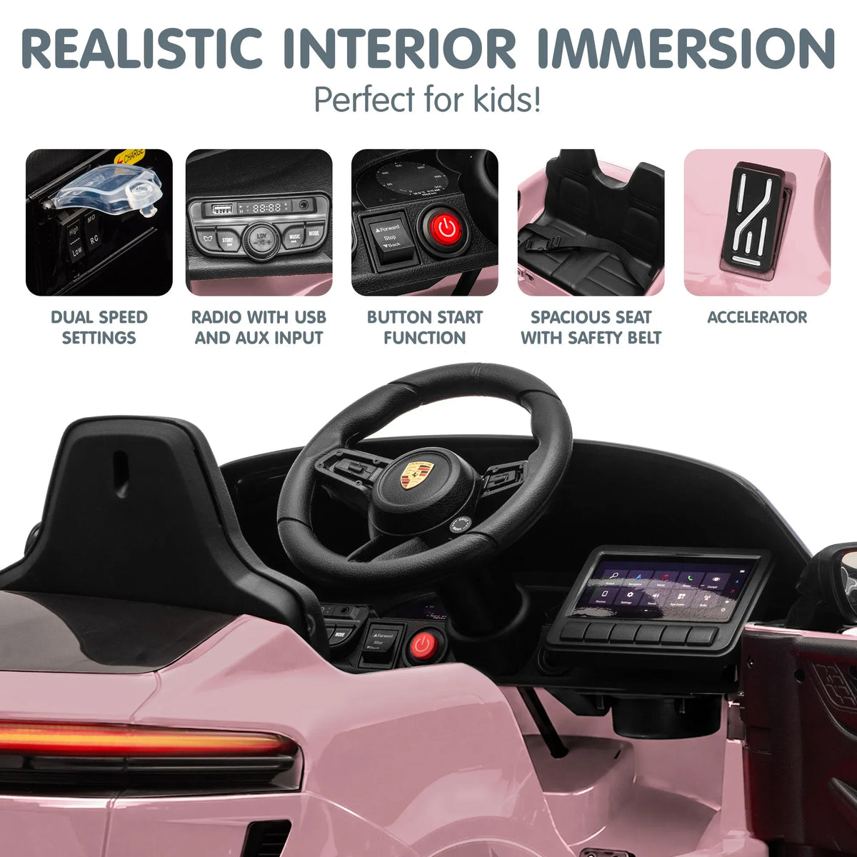 Pink Porsche Macan Turbo EV kids ride-on car with 12V electric motor, featuring realistic design and brand details from Everything Baby.