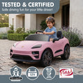 Pink Porsche Macan Turbo EV kids ride-on car with 12V electric motor, featuring realistic design and brand details.