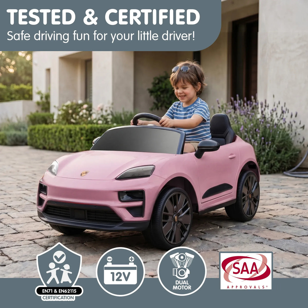 Pink Porsche Macan Turbo EV kids ride-on car with 12V electric motor, featuring realistic design and brand details.