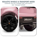 Pink Porsche Macan Turbo electric ride-on car for kids, 12V battery, featuring realistic design and brand logo by Everything Baby.