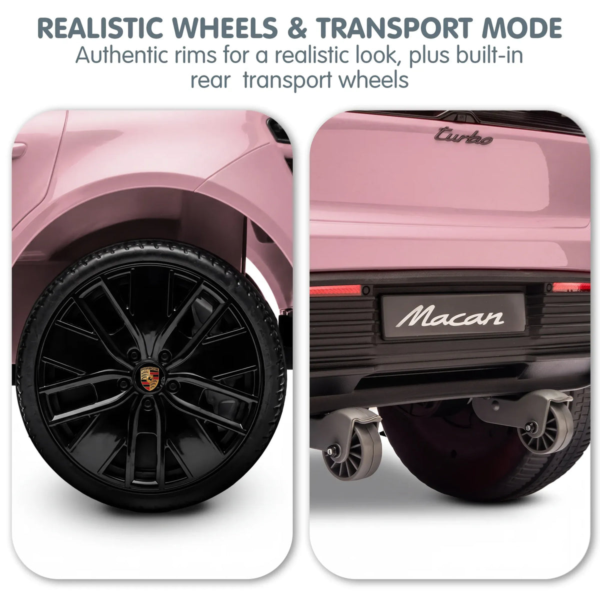Pink Porsche Macan Turbo electric ride-on car for kids, 12V battery, featuring realistic design and brand logo by Everything Baby.