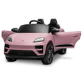 Pink Porsche Macan Turbo EV kids ride-on car with 12V electric motor, featuring realistic design and safety features for children.