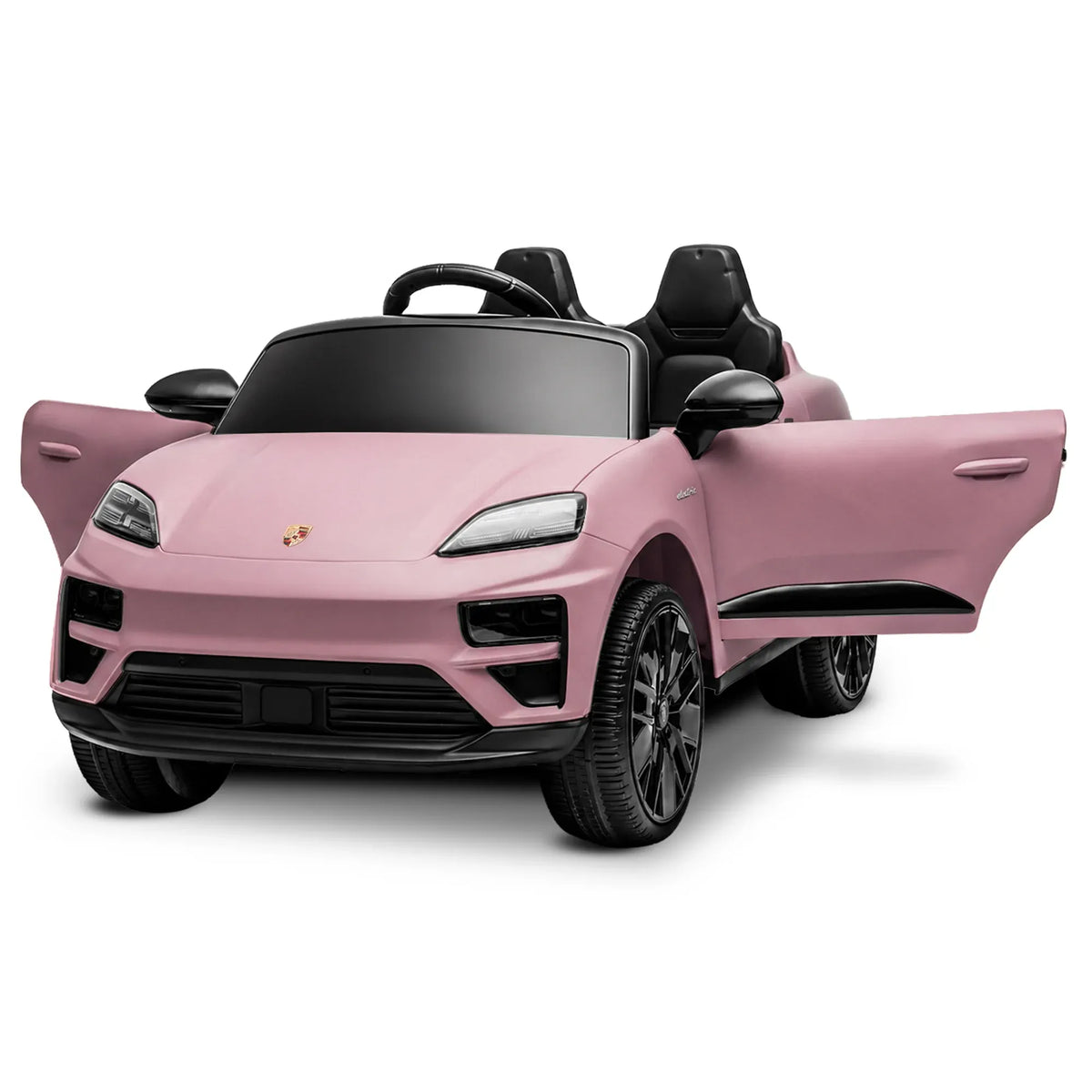 Pink Porsche Macan Turbo EV kids ride-on car with 12V electric motor, featuring realistic design and safety features for children.
