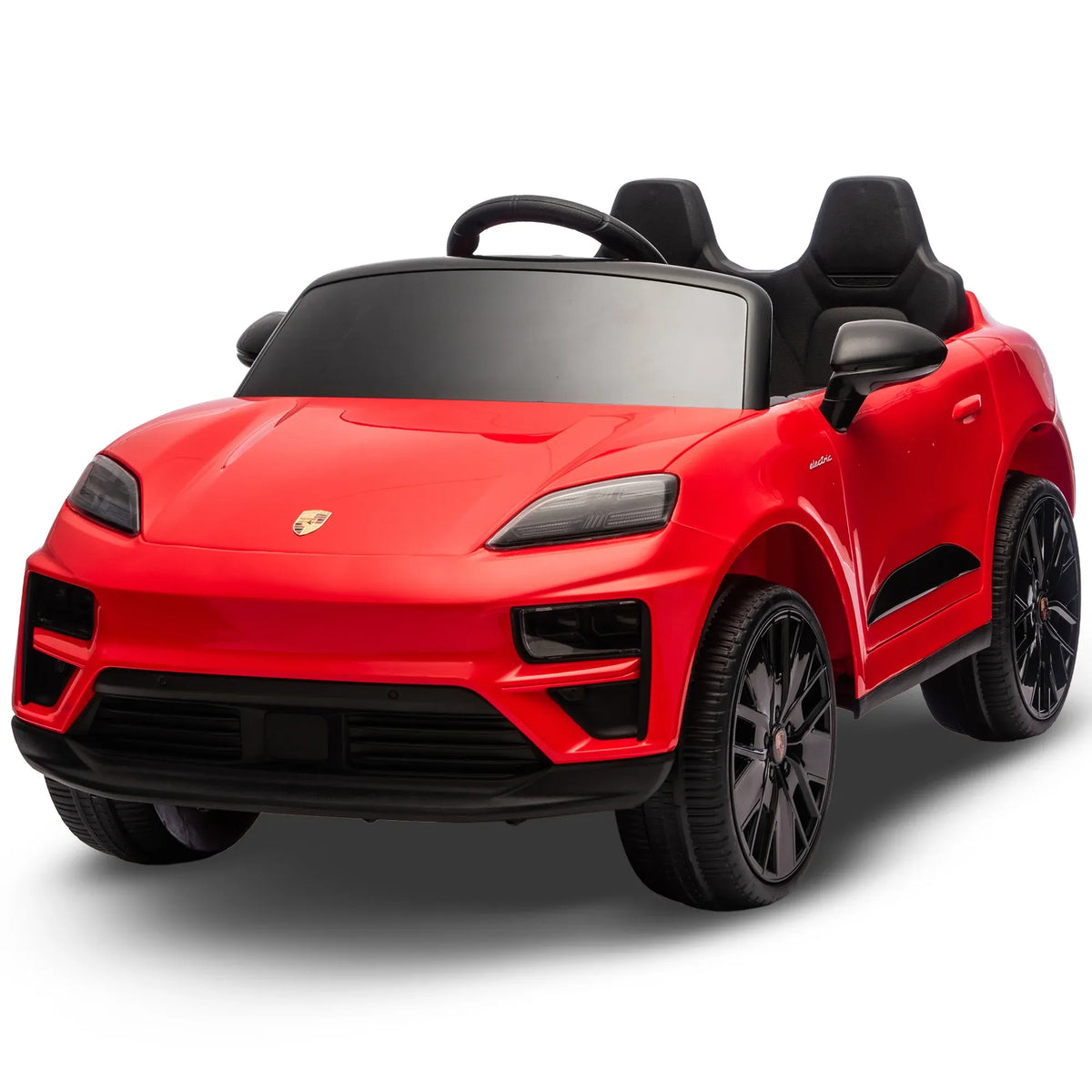 Red Porsche Macan Turbo EV kids ride-on car with 12V electric motor, featuring realistic design and branding from Everything Baby.