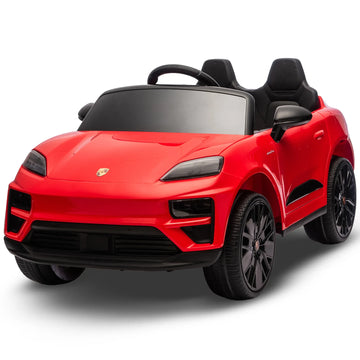 Red Porsche Macan Turbo EV kids ride-on car with 12V electric motor, featuring realistic design and branding from Everything Baby.
