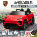 Red Porsche Macan Turbo EV kids ride-on car with detailed exterior, 12V electric motor, and realistic design for children.