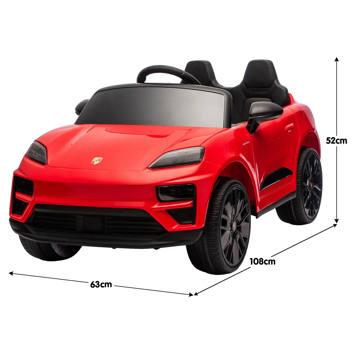 Red Porsche Macan Turbo electric ride-on car for kids, featuring realistic design and 12V battery, by Everything Baby.
