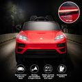 Red Porsche Macan Turbo EV kids ride-on car by Everything Baby, 12V electric toy vehicle for children, detailed view of the car's front