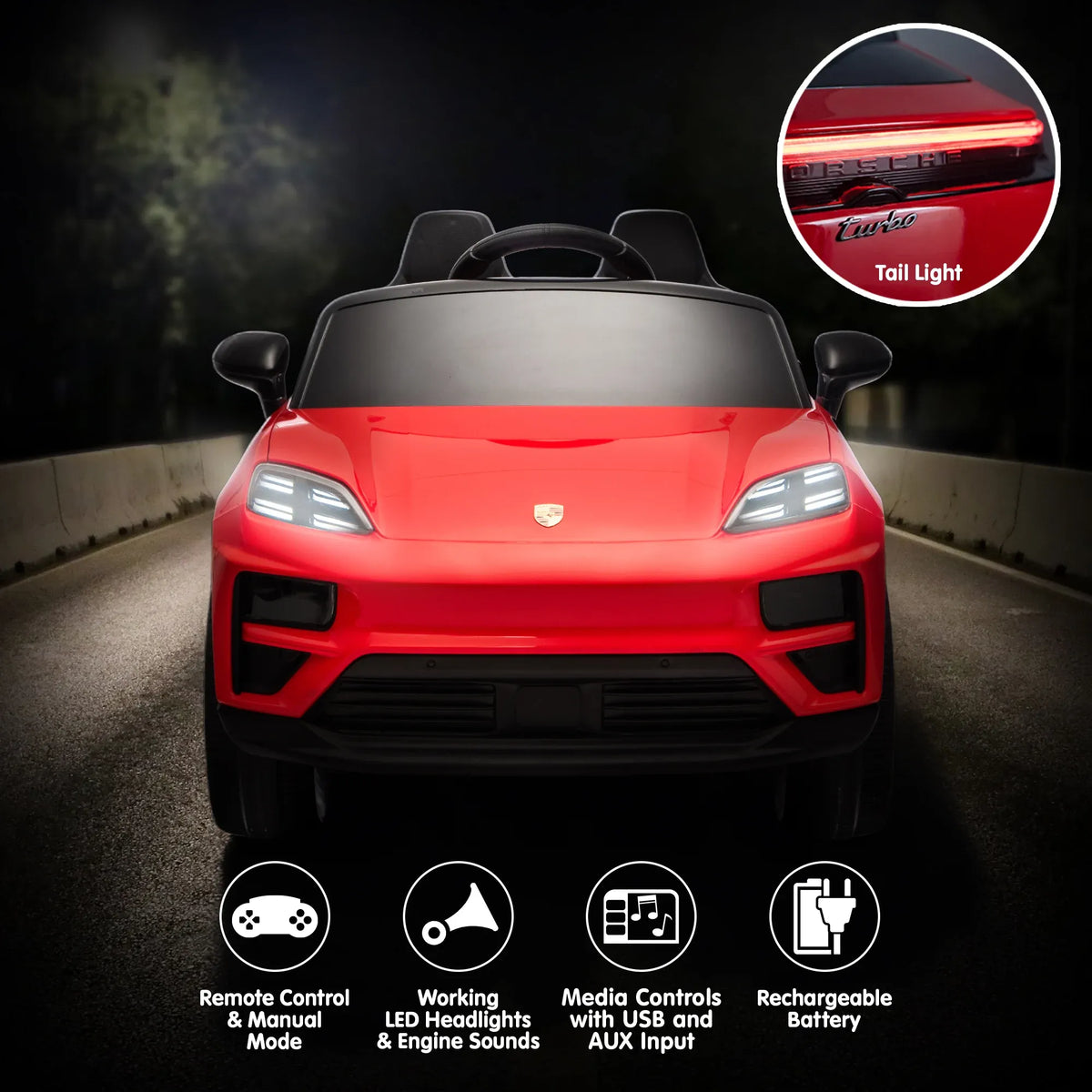 Red Porsche Macan Turbo EV kids ride-on car by Everything Baby, 12V electric toy vehicle for children, detailed view of the car's front
