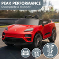 Red Porsche Macan Turbo EV kids ride-on car with 12V electric motor, designed for children, featuring realistic details and safety features.