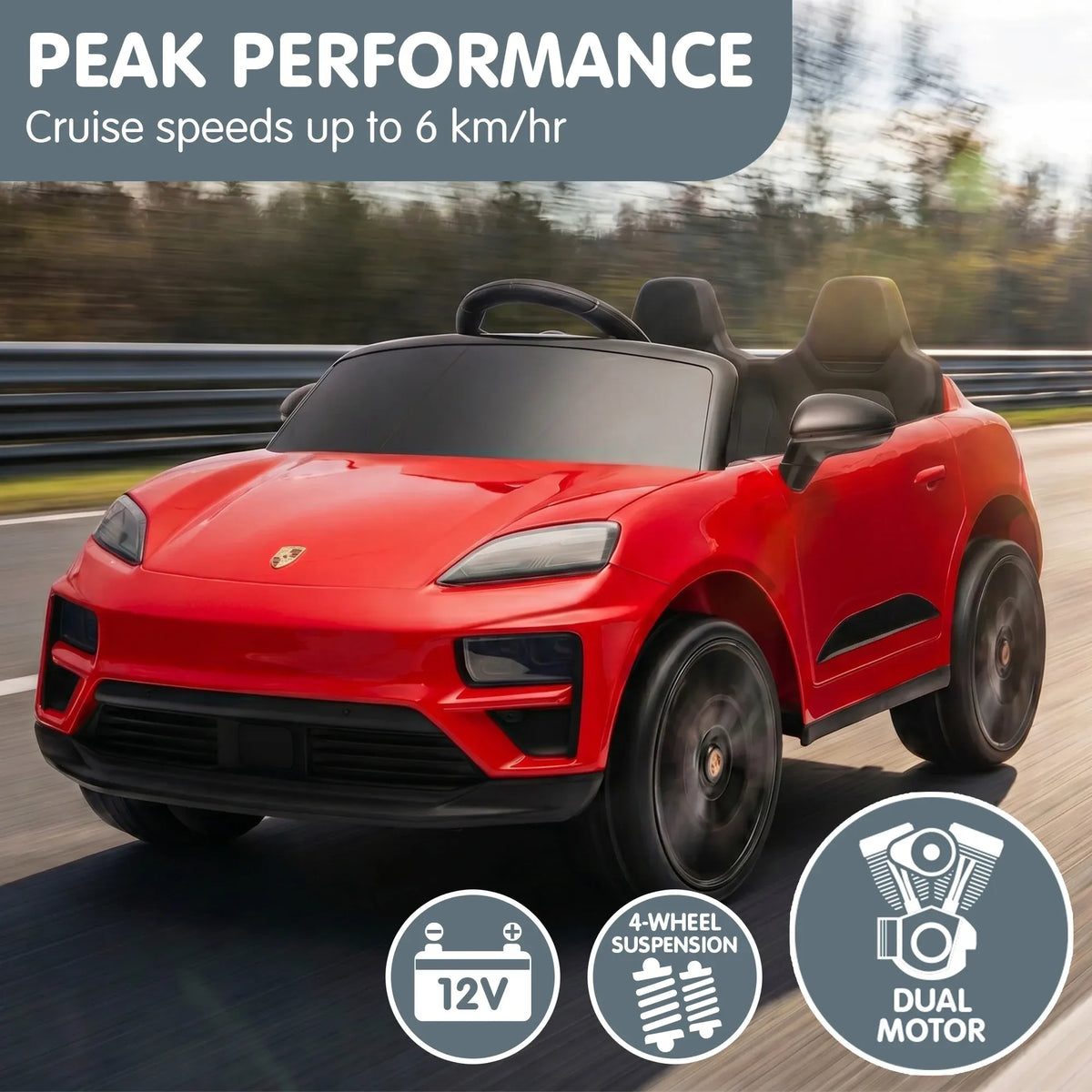 Red Porsche Macan Turbo EV kids ride-on car with 12V electric motor, designed for children, featuring realistic details and safety features.