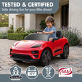 Red Porsche Macan Turbo EV kids ride-on car by Everything Baby, 12V electric toy vehicle for children with detailed exterior design.