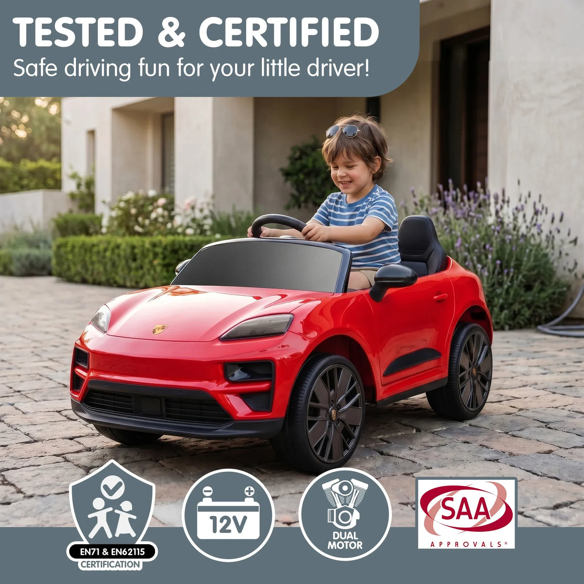 Red Porsche Macan Turbo EV kids ride-on car by Everything Baby, 12V electric toy vehicle for children with detailed exterior design.