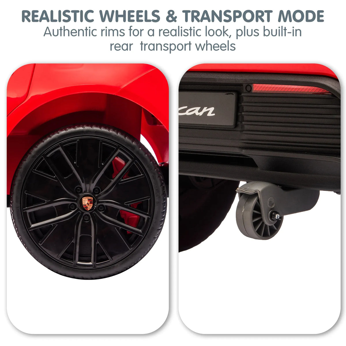 Red Porsche Macan Turbo EV kids ride-on car with 12V electric motor, featuring realistic design and brand logo from Everything Baby.